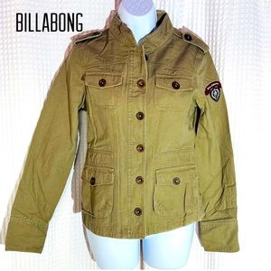 Billabong women green cotton military top button front long sleeve 4 pocket Sz M